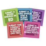 Set of five colorful game cards with text prompts on a white background