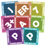 Set of educational cards with letter and word-related phrases on a white background