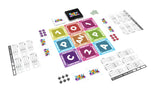 Colorful game components including cards and pieces on a white background