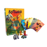 Board game set with 'Botswana' box, cards, and animal figurines on a white background