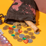 Dice bag with dice and game pieces on a yellow background