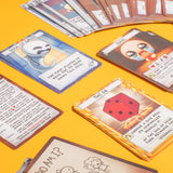 Collection of cards with various designs and text on a yellow background