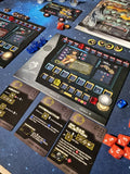 Board game components with character cards and dice on a blue surface