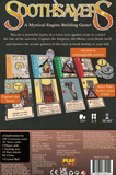 Back cover of a board game titled 'Soothsayers' with tarot card illustrations and game components.