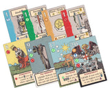 Collection of tarot cards with various designs and text on a white background