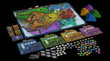 Board game set with colorful components on a black background