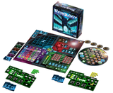 Board game set with components and box on a white background