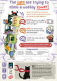 Game box for The Cat and the Tower with a cat climbing a wobbly tower with instructions and components listed.