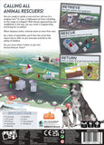 Game box for an animal rescue-themed board game with graphics and text.