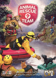 Board game cover of an animal rescue team with people and animals in a natural setting.