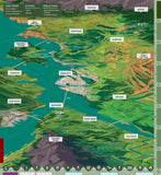 Map of a fictional city with various locations labeled on a green and blue background