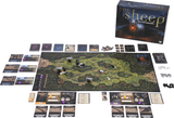 Board game set with map, cards, and pieces on a white background