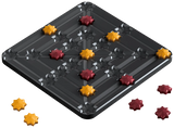 Black game board with red and yellow star-shaped pieces on a white background