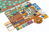 Board game with colorful tiles and pieces on a white background
