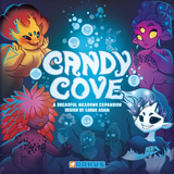 Front cover art for the board game expansion 'Candy Cove: A Dreadful Meadows Expansion' by Lukus Adam, published by Arkus. The artwork features whimsical, colorful fantasy creatures in a dark, glowing blue environment with floating bubbles and large white title text.