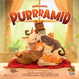 Board game cover of 'Purrramid' with cartoon cats on a red cushion.