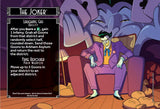 Comic book-style illustration of The Joker sitting on a couch with game rules text.