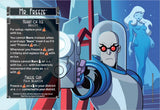 Comic book style illustration of Mr. Freeze with game card text overlay