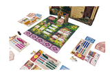 Board game components including a board, cards, and pieces on a clear background