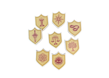 Set of nine shield-shaped badges with various symbols on a white background