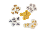 Set of round game pieces with different symbols on a black background