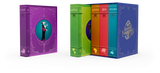 Set of colorful book-style boxes with world map design on a white background