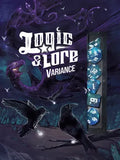Cover art for the board game Logic & Lore: Variance, featuring a dark fantasy scene with a purple dragon, two crows, glowing orbs, and a vertical display of blue and green polyhedral dice.