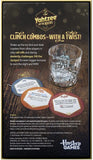A vintage-style Hasbro Yahtzee 'on the Rocks' game insert or poster featuring a glass tumbler with ice, three labeled dice coasters, and printed rules text on a dark wood background. Visible brands include Yahtzee and Hasbro Games.