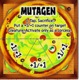 Card with pizza design labeled 'Mutagen' and game text on a wooden border.