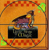 Decorative tile with a dragon design and 'Little Shop of Magic' text on a checkered background.