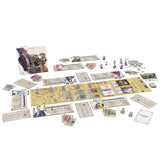 Board game components including cards, board, and pieces on a white background