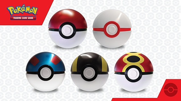 Set of Poké Ball figures with Pokémon logo on a white background