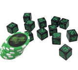Black dice with green symbols and green poker chips on a white background