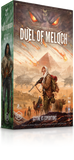 Box art for the board game Duel of Meloch: Scythe vs Expeditions, showing a desert expedition scene with a soldier in the foreground, pyramids, and a large glowing face in the sky. The left spine shows a dark green panel with character artwork.