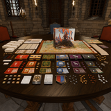 Board game setup on a table with detailed components in a castle-like room.