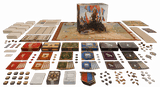 Board game set with various components on a brown background