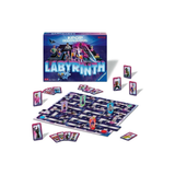 K-pop Drama Players Labyrinth board game set with its box, a large labyrinth board, character tokens, and action cards arranged on a white background.