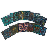 Set of twelve colorful, textured square panels arranged in a circular pattern on a white background.