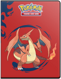 Pokémon trading card game binder with Charizard on a red background
