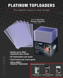 Ultra PRO Platinum Toploaders card storage sleeves in a 3 x 4 inch size, shown as a fan of clear plastic sleeves and a black retail box on a dark gray background with product text and a small compatibility diagram.