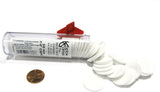Clear tube with white string and red cap on a white background