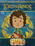 Cartoon character from 'The Lord of the Rings' holding a ring against a blue background with decorative text.