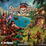 Cover of 'Skull Tales: Full Sail' board game with characters and landscape.