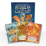 Card game packaging for 'Shards of Creation' by Brandon Sanderson with character illustrations on a white background.