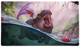 Fantasy illustration of a hippopotamus-like creature with purple wings emerging from water in a misty forest scene, with pink flowers and a blurred background.