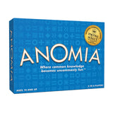 The box for the board game Anomia, featuring a bright blue background with mathematical symbols, large white and orange title text, and a gold Mensa Select award seal.