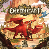 Board game cover of 'Emberheart' featuring a dragon and a player character with a castle and mountains in the background.