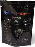 Black bag with illustrations of animals and 'Mystery Menagerie Dice Set' text.