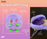 Purple plush bag with cartoon face design labeled 'Kuribah ARTY Sling' on a pink background.
