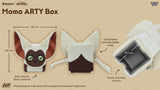 Momo ARTY Box with dimensions and features on a beige background